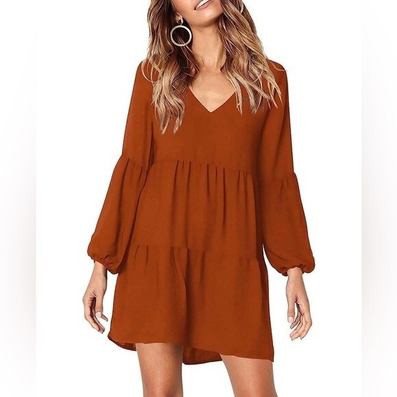 Dresses & Skirts - Womens Summer Long Sleeve Tunic Dress Ruffle V Neck Swing Shift Dresses size M